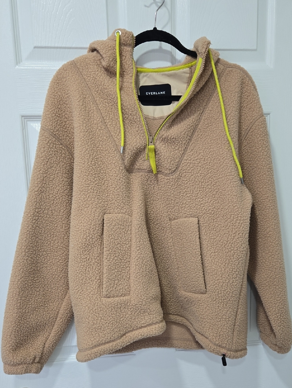 Everlane Camel Sherpa Hoodie with Neon Yellow Drawstrings